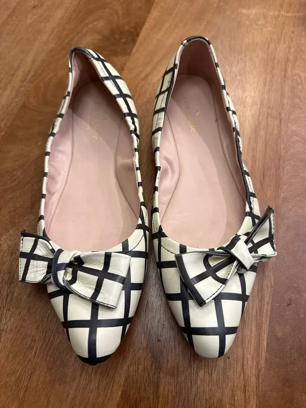 Kate Spade Suki Bow Pointed Toe Flats — Black & White Windowpane Plaid, Size 9.5